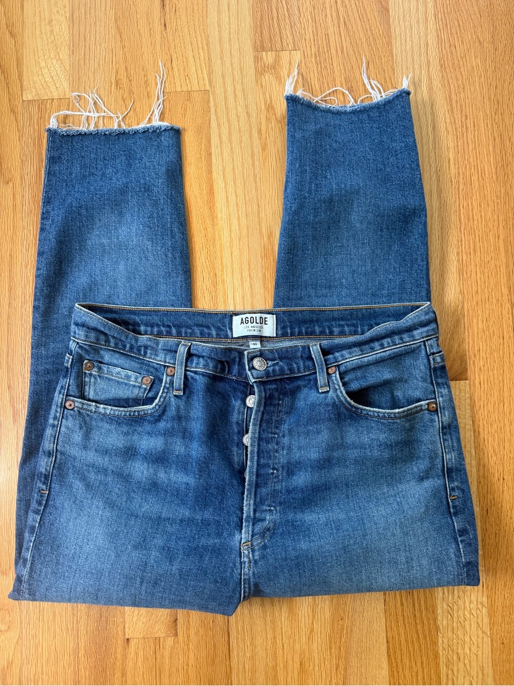 Agolde Straight Leg Raw Hem Denim Jeans in Blue Wash